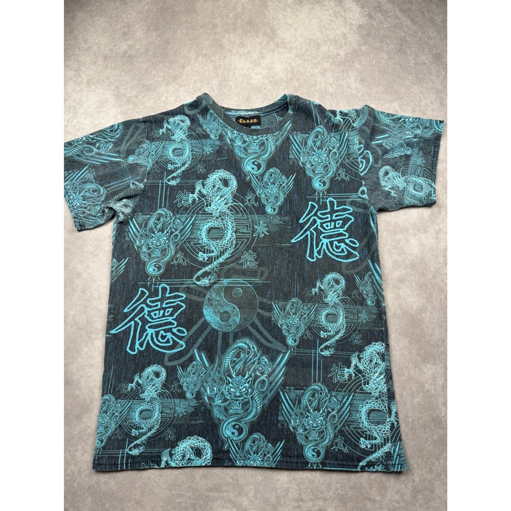 Y2K Taboo Men XXL Dragon Yin Yang Kanji All Over Print T-Shirt Teal Black USA